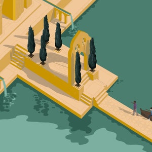 May include: An illustration of a yellow building with a stone archway and a bridge leading to a dock. Two people are walking on the dock, one is carrying a small boat.