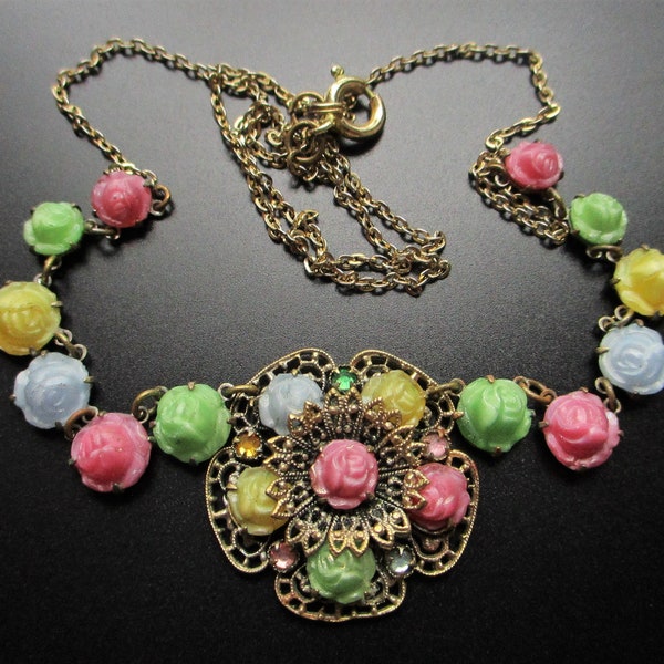 Vintage Art Deco Bloemen Harlekijn Tsjechische Glazen Ketting