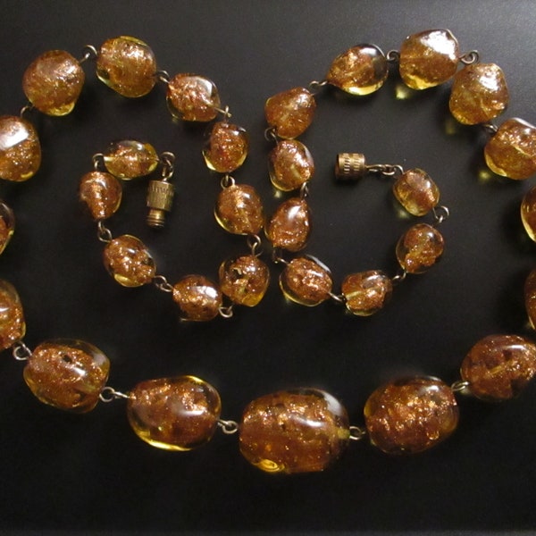 Vintage Art Deco goudfolie glazen kralen ketting