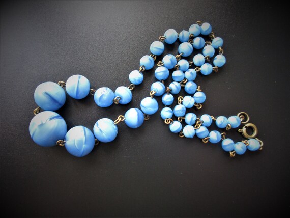 Vintage Art Deco Blue Czech Glass Bead Necklace - image 2