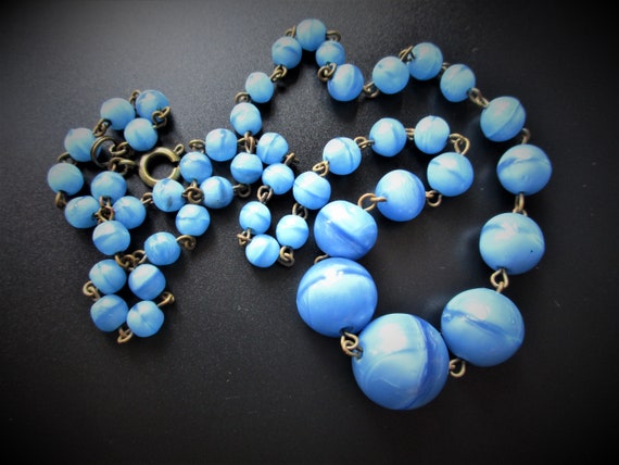Vintage Art Deco Blue Czech Glass Bead Necklace - image 4