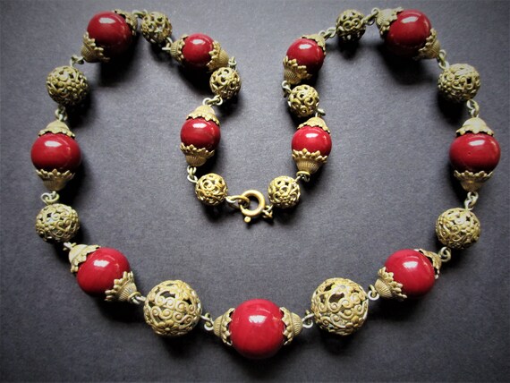 Vintage Art Deco Red Glass Bead & Filigree Neckla… - image 3