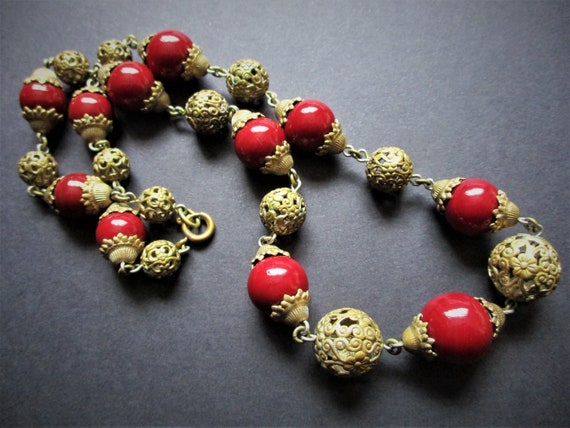 Vintage Art Deco Red Glass Bead & Filigree Neckla… - image 5