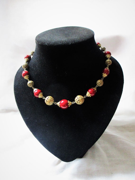 Vintage Art Deco Red Glass Bead & Filigree Neckla… - image 10