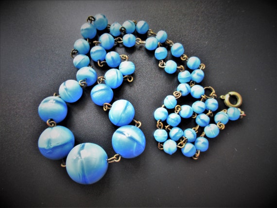 Vintage Art Deco Blue Czech Glass Bead Necklace - image 3