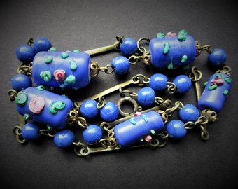 Vintage Art Deco Blue Venetian/Murano Wedding Cake Glass Bead Necklace