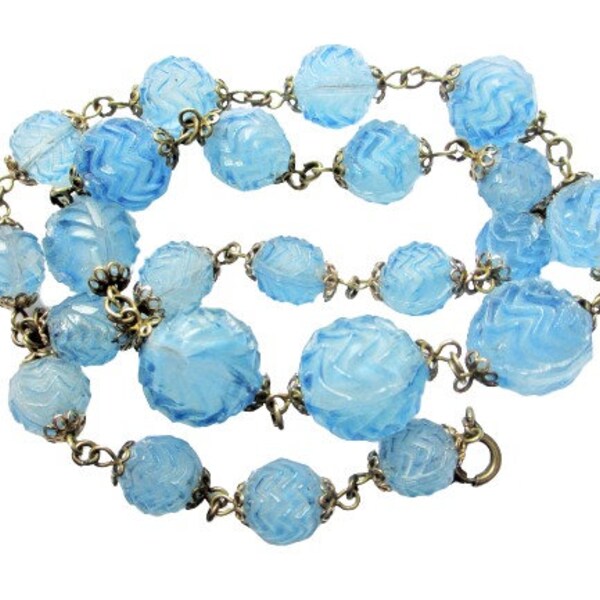 Vintage Art Deco Blauw Geperst Glas Kraal Ketting? Tsjechisch glas?