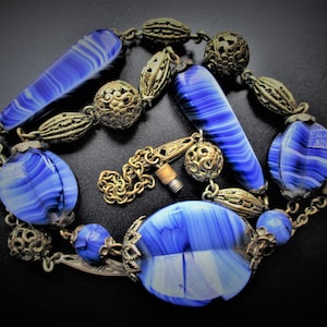 Vintage Art Deco Blue Czech Glass Bead Necklace