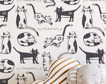 Katzentapete | Verspielte, handgezeichnete Katzentapete für Kinderzimmer und Babyzimmer | Moderne Haustierdekoration | Selbstklebend oder traditionell | Individuelle Farben