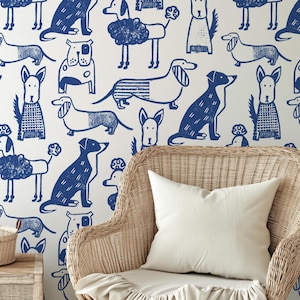 Dog Wallpaper | Scandi Nursery & Kids Room Decor | Playful Pet Removable Wallpaper | Custom Colors | Boy Bedroom