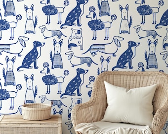 Behang speelse honden – Inktblauw huisdier Peel & Stick-behang - verwijderbaar behang kinderkamer moderne jongens