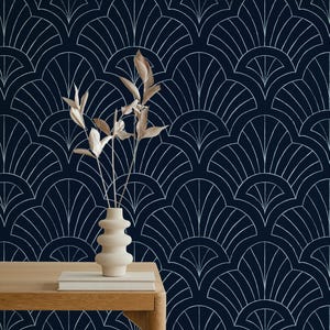 Art Deco Fan Wallpaper | Indigo Geometric Ogee Pattern | Dark Navy Blue Ogee  Wall Mural | MoodyGlam Peel and Stick Wallpaper