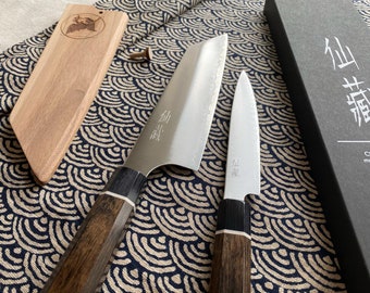 Couteau de cuisine japonais SG2 Bunka et Petty Matte forgé à la main - multi-usage - finition de la racine des cheveux en ruban - Powder Steel 62-63 HRC / 15% de réduction