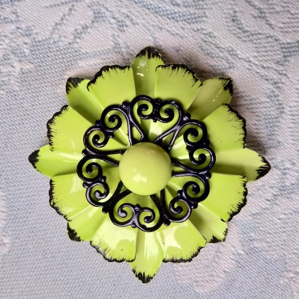 Beautiful and unique flower pin brooch in light green with black petal tips and black stamens  Excellent condition gift