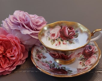 Royal Albert Summer Bounty Series Tea Cup and Saucer "Ruby" Rare China, Pink and Ruby Red Roses Teacup and Saucer, Gold Gilding  Avon Shape