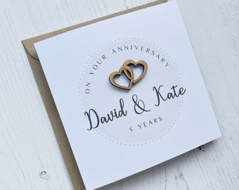 Personalised Anniversary card - handmade card - wooden heart - wedding anniversary card