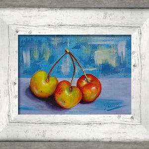 Three Cherries - Oil painting on Canvas Board by Janet Garcia - Still life Fruit oil painting