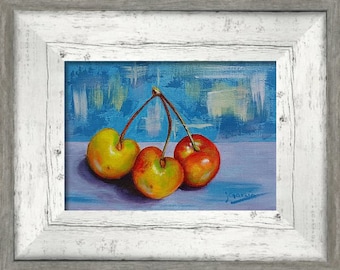 Three Cherries - Oil painting on Canvas Board by Janet Garcia - Still life Fruit oil painting