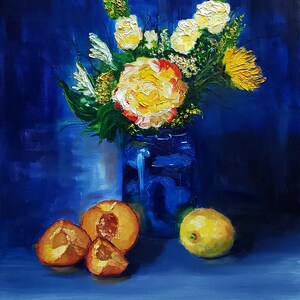 Blue Jar - Still Life Oil Painting on Stretched Canvas 16x20 by Janet Garcia