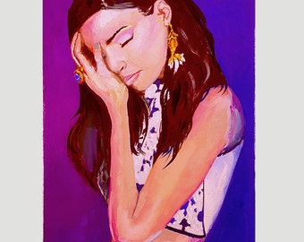 May include: A painting of a woman with long brown hair wearing a white top with a floral pattern and blue pants. She is holding her head in her hands and has a sad expression on her face. The background is a vibrant purple.
