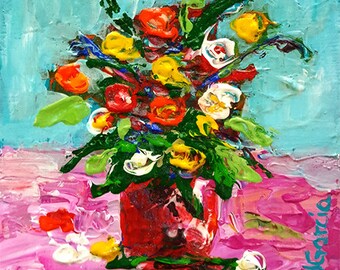 Little Bouquet - Acrylic Flower Painting on 5 x 5 Gessobord by Janet Garcia