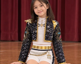 Rumi costume for girls, Black & gold sequin K-Pop jacket, Top and shorts set