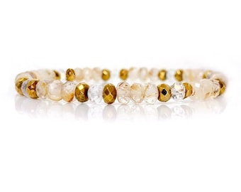 Citrine Rutilated Quartz Gold Hematite Beaded Bracelet, November Birthstone