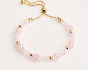 Adjustable Rose Quartz Gemstone Bracelet, Gold Filled Beads, Pink Quartz Bracelet