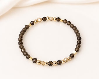 Smoky Quartz Beaded Bracelet with 14k Gold Filled Beads, Smoky Quartz Bracelet, Crystal Protection Stone Jewelry
