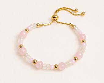 Adjustable Rose Quartz Gemstone Bracelet, Gold Filled Beads, Pink Quartz Bracelet