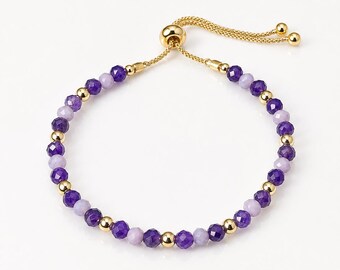 Adjustable Amethyst Gemstone Bracelet, Amethyst Gemstone and Crystal Bracelet, 14k Gold filled