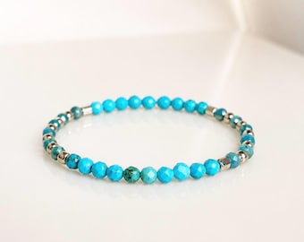 Turquoise Bead Bracelet with Silver, Dainty Turquoise Jewelry, Minimalist Gemstone Stretch Bracelet