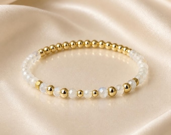 Moonstone Bracelet with Gold filled beads, Beaded Stretch Bracelet, Rainbow Moonstone