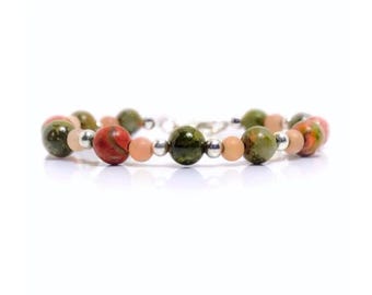 Unakite Jasper and Peach Moonstone Bracelet, Rose Gold Sterling Silver 6mm Beads