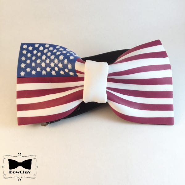 Polymer clay bow tie, handmade in Italy. American flag Stars and Stripes USA pre-tied bow-tie. Fashion gift for men, Indipendence Day