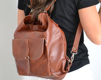 Leather Shoulder Bag  LEATHER BACKPACK PURSE   Brown Backpack Cognac  Rucksack Leather Purse Bag Black  Women's handbag Leather bag