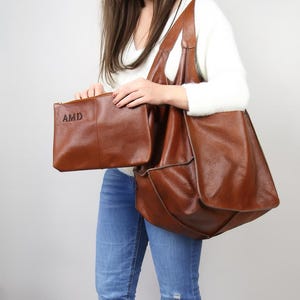 Personalized Large Leather Tote Bag with Cosmetic Bag – Brown Soft Genuine Leather Shoulder Bag | Oversized Purse | Everyday Work Bag