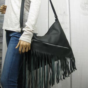 Boho Black Leather Fringe Crossbody Purse