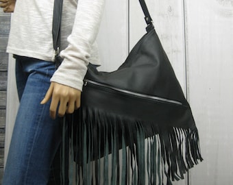 Fringe Leather Crossbody Bag – Handmade Boho Shoulder Bag with Zipper