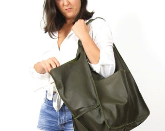 Large Tote Bag, Olive Leather, Oversized Green Leather  Handbag, Large Shoulder Bag, Soft Leather Bag, Designer Handbag, Leather Tote bag