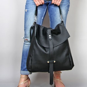 Leather Convertible Bag, BLACK LEATHER BACKPACK Large Crossbody Bag, Cognac Leather Travel Bag Cognac  Weekender Women's handbag Leather bag