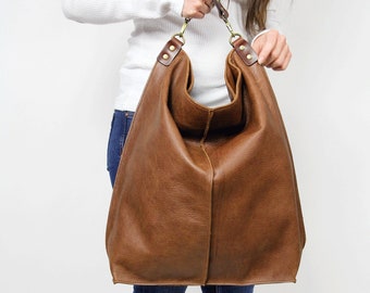 Large Leather Tote Bag | Oversized Genuine Leather Shoulder Bag | Handmade Everyday Purse | Minimalist Brown Leather Handbag |Top Zipper Bag