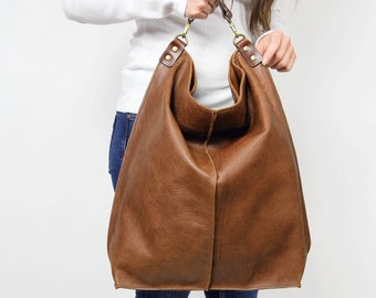 LARGE LEATHER Bag Brown Shoulder bag,  Hobo bag, Brown Slouchy Hobo, Brown Handbag, Every Day Bag, Women leather bag - Top zipper bag