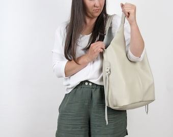 Sac hobo en cuir écru, sac à bandoulière avec sacoche bandoulière 2 en 1