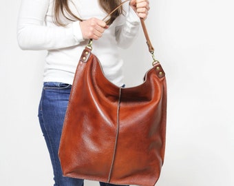 LARGE LEATHER Bag Cognac Brown Shoulder bag,  Hobo bag, Brown Slouchy Hobo, Brown Handbag, Everyday Bag, Women leather bag - Top zipper bag