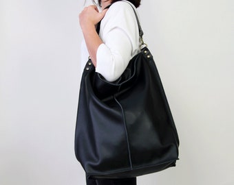 BLACK LEATHER Bag Large Black Shoulder bag,  Hobo bag, Black Slouchy Hobo, Black Handbag, Everyday Bag, Women leather bag - Top zipper bag