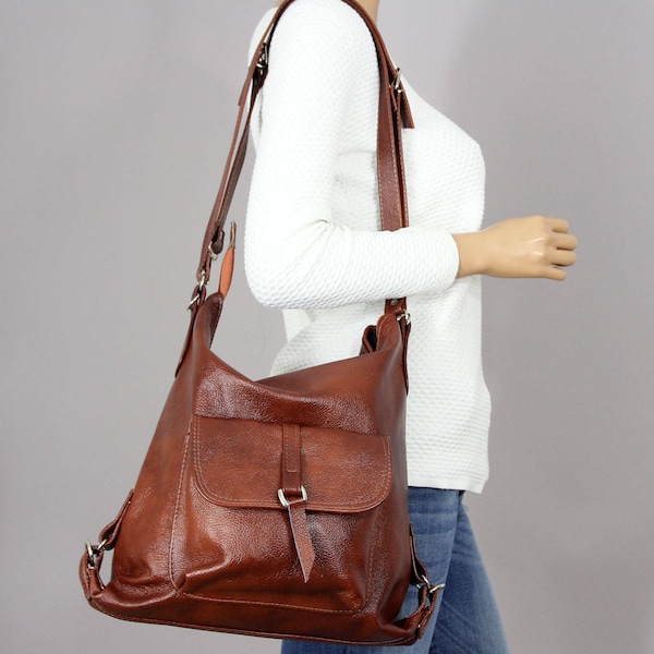 Leather Shoulder Bag  LEATHER BACKPACK PURSE   Brown Backpack Cognac  Rucksack Leather Purse Bag Black  Women's handbag Leather bag