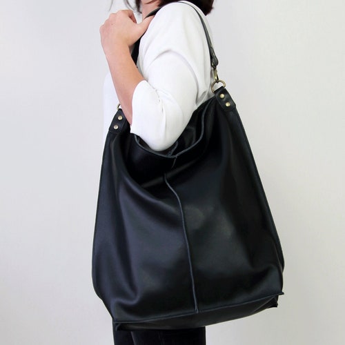 Black Leather Shoulder Bag With Zipper Slouchy Leather Bag - Etsy