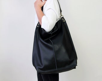 Oversized Black Leather Hobo Bag | Handmade Full-Grain Shoulder Purse