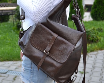 LEATHER BACKPACK PURSE Multi Way Rucksack Convertible Rustic backpack Chocolate Brown Leather Shoulder Bag Women's handbag Leather handbag
